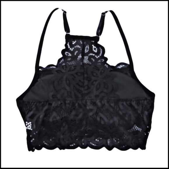 BLACK LACE FLORAL CROCHET SPAGHETTI-STRAP BRALETTE Size Small - Picture 6 of 13